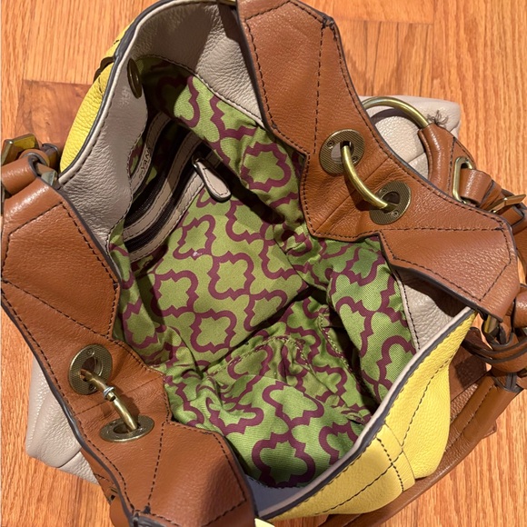 Yellow and tan OrYANY pebble leather colorblock Victoria large hobo bag - Picture 3 of 4